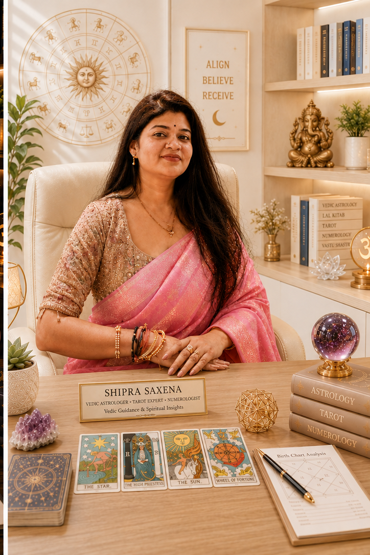 Shipra Saxena, Vedic astrologer, at her consultation desk with tarot cards, zodiac wheel and birth chart